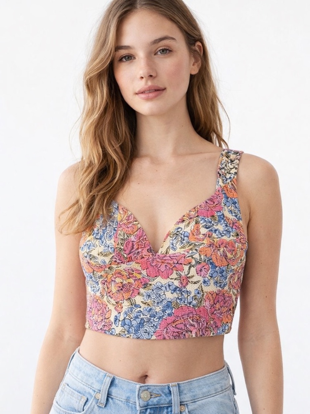 Zara Floral V-Neck Cropped Top in Pink and Blue Size S Corset